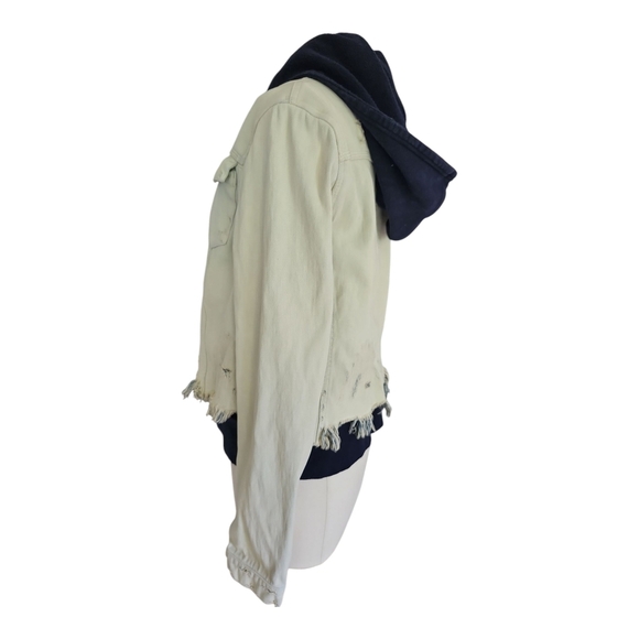 Free People Distressed Layered Denim Jacket Hoodie | Size S - Picture 6 of 11